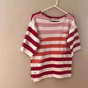 [34/S]Lacoste Red/Pink Mixed Colours Linen Blend Knit Mid Sleeve Scoop  Sweater